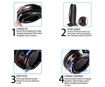 Silent Disco Headphones Compete System 200m Led Wireless Earphones 5 Headset + 200m Transmitter HD Sound No Lag for TV Watching