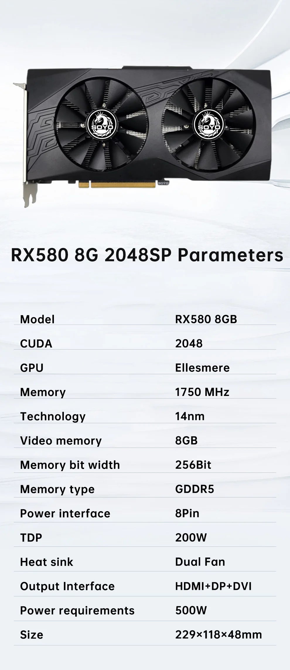 SOYO Original Radeon RX580 8G Graphics Cards GDDR5 Memory Video Gaming Card PCIE3.0x16 HDMI DP DVI for Desktop Computer AMD