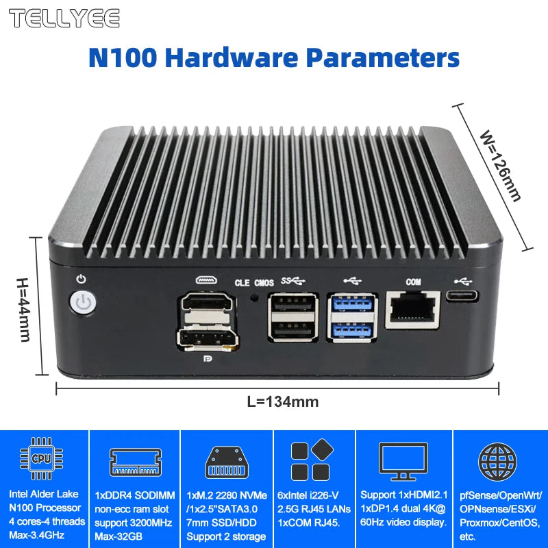 Intel N100 Soft Router 6 Lans i226-V 2.5G Fanless Mini PC