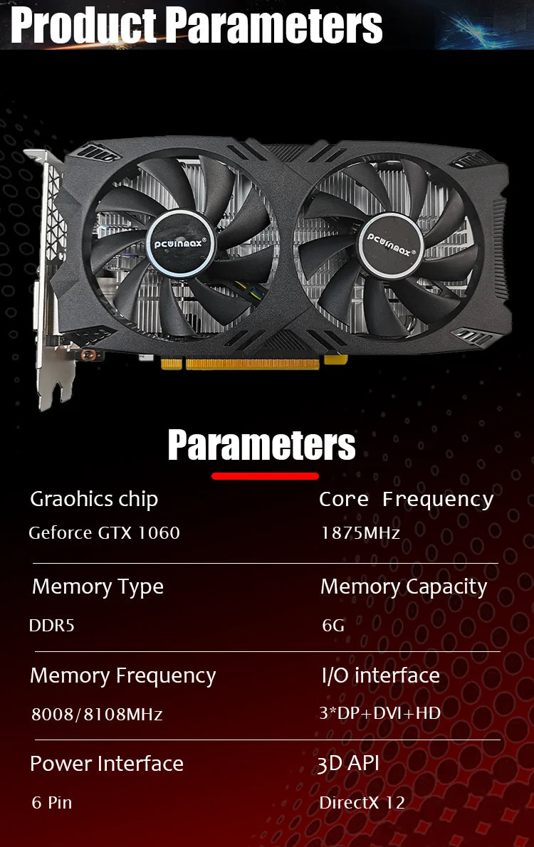 PCWINMAX GTX 1060 6GB Video Card DDR5 192BIT Origina Graphics Card Gaming GPU GTX1060 Placa de Video for Desktop PC