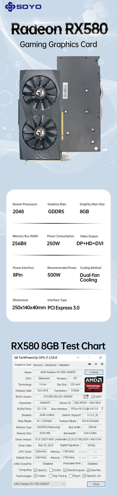 SOYO New AMD RX580 8GB gaming graphics card GPU 256bit PCIe x16 3.0 GDDR5 video memory DP suitable for desktop PC  video card