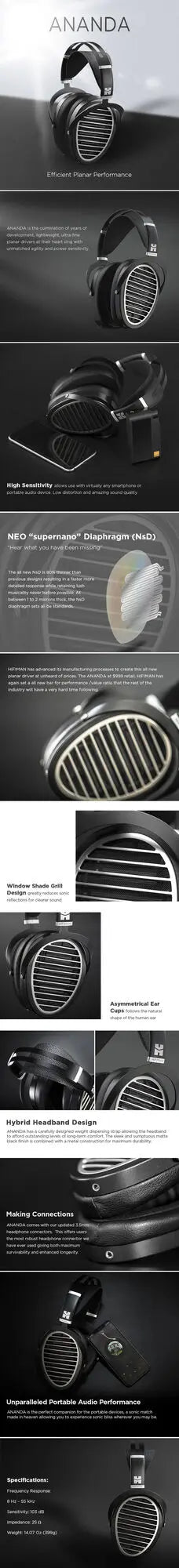 Original HIFIMAN Ananda V3 Stealth Magnets Full-Size Over-Ear Open-Back Planar Magnetic Supernano Diaphragm Hi-Fi Headphones