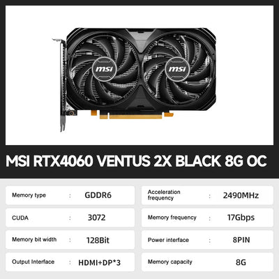 MSI GeForce RTX 4060 VENTUS 2X BLACK 8G OC Gaming Graphics Card 8G GDDR6 128-bit PCI-E 4.0x8 HDMI DP 8Pin Desktop Video Card New
