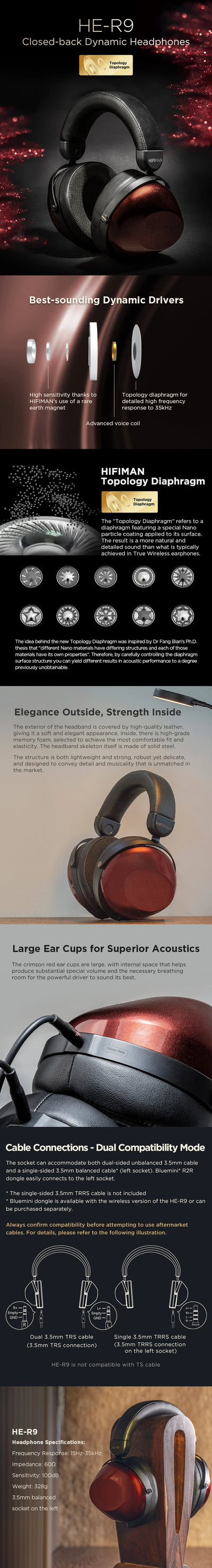 HIFIMAN HE-R9 Dynamic Closed-Back Over-Ear Headphones with Topology Diaphragm-Wired Version