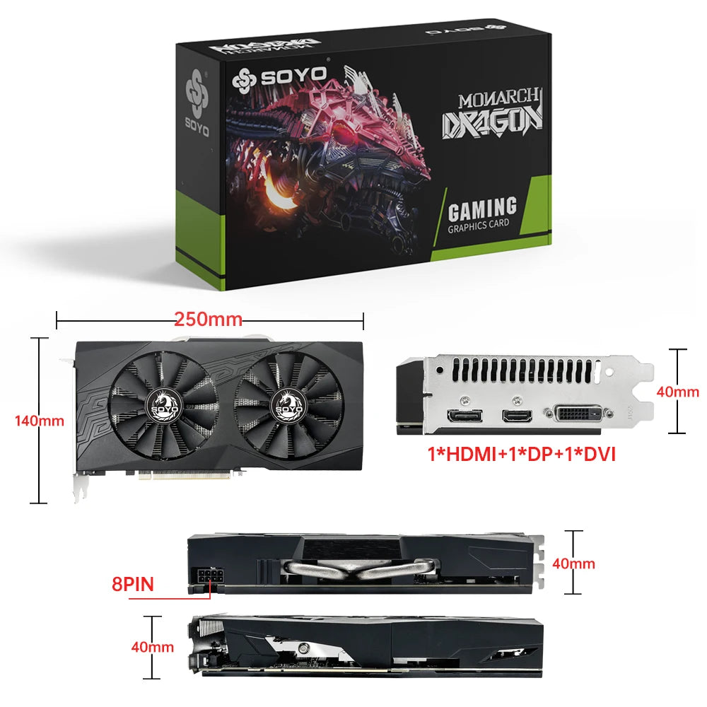 SOYO New AMD RX580 8GB gaming graphics card GPU 256bit PCIe x16 3.0 GDDR5 video memory DP suitable for desktop PC  video card