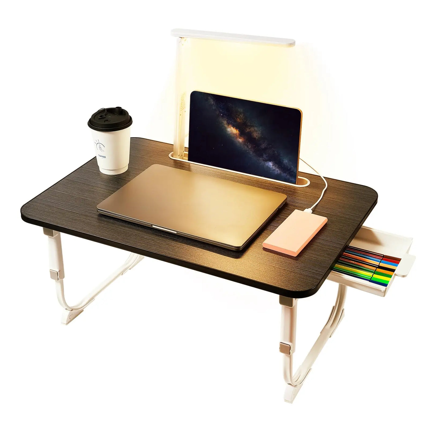 Laptop Desk for Bed Lap Desk with LED Desk Light, Adjustable Tablet Bed Table with Foldable Legs Storage Drawer, Breakfast Servi