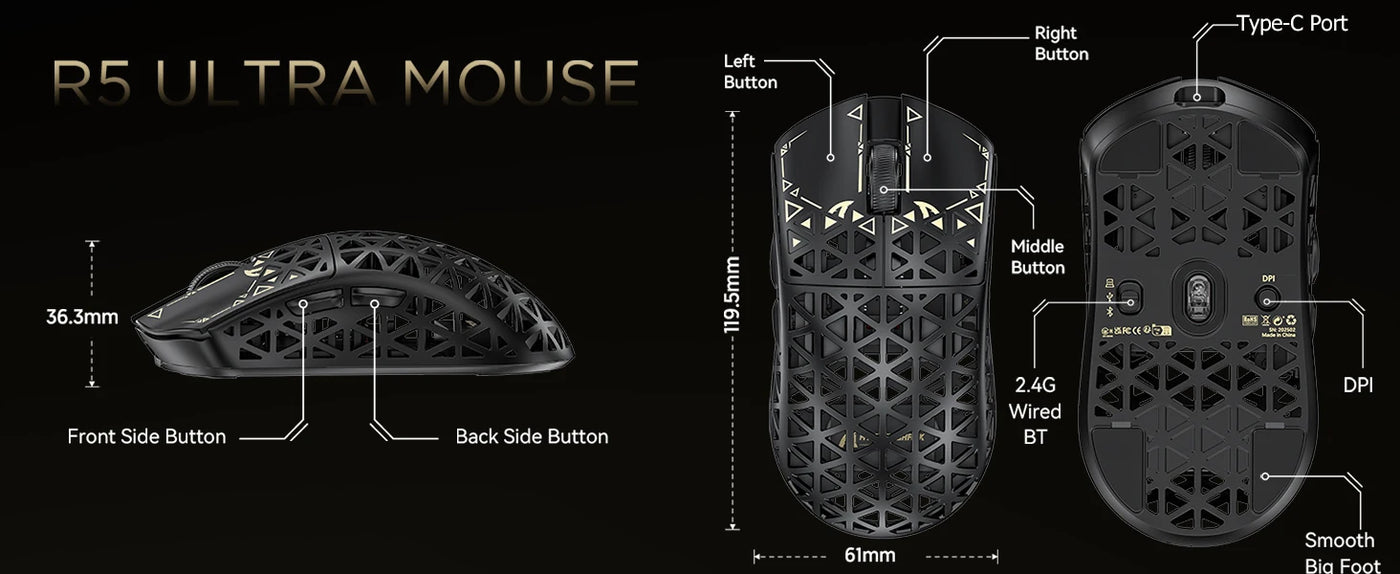 ATTACK SHARK R5Ultra 8K Carbon Fiber Wireless Gaming Mouse with 42000 DPI -PAW3950 MAX Sensor -39g Ultra-Lightweight for Win/Mac