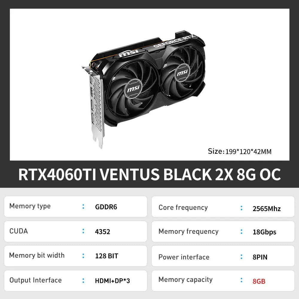 MSI RTX4060 VENTUS 2X BLACK 8G OC Gaming New Graphic Card GDDR6 rtx 4060 8G Gaming Video Card 8Pin 128 Bit RTX4060 placa de víde