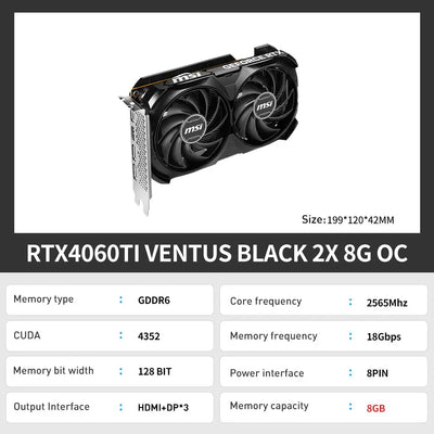 MSI RTX4060 VENTUS 2X BLACK 8G OC Gaming New Graphic Card GDDR6 rtx 4060 8G Gaming Video Card 8Pin 128 Bit RTX4060 placa de víde
